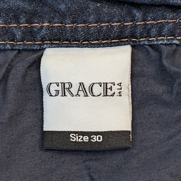 GRACE Mid-Rise Bootcut Dark Blue Distressed Jeans w/Embellished Pockets Size 30 - Picture 6 of 7